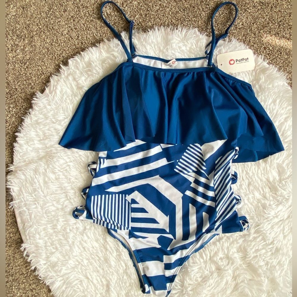 Patpat One Piece Swimsuit Blue White Striped Ruffle Top Open Sides Womens Large